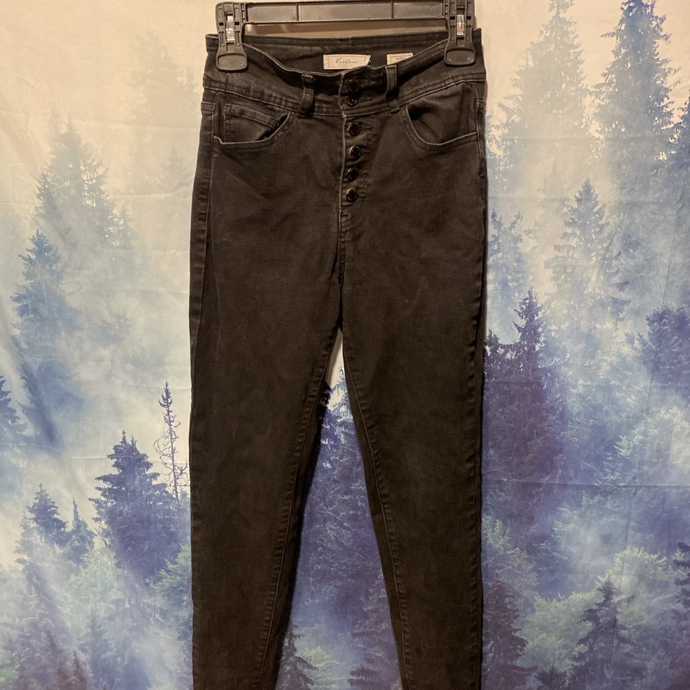 Kancan Womens Estilo Jeans Black Button Fly Kurvy‎ Ultra High Rise Skinny